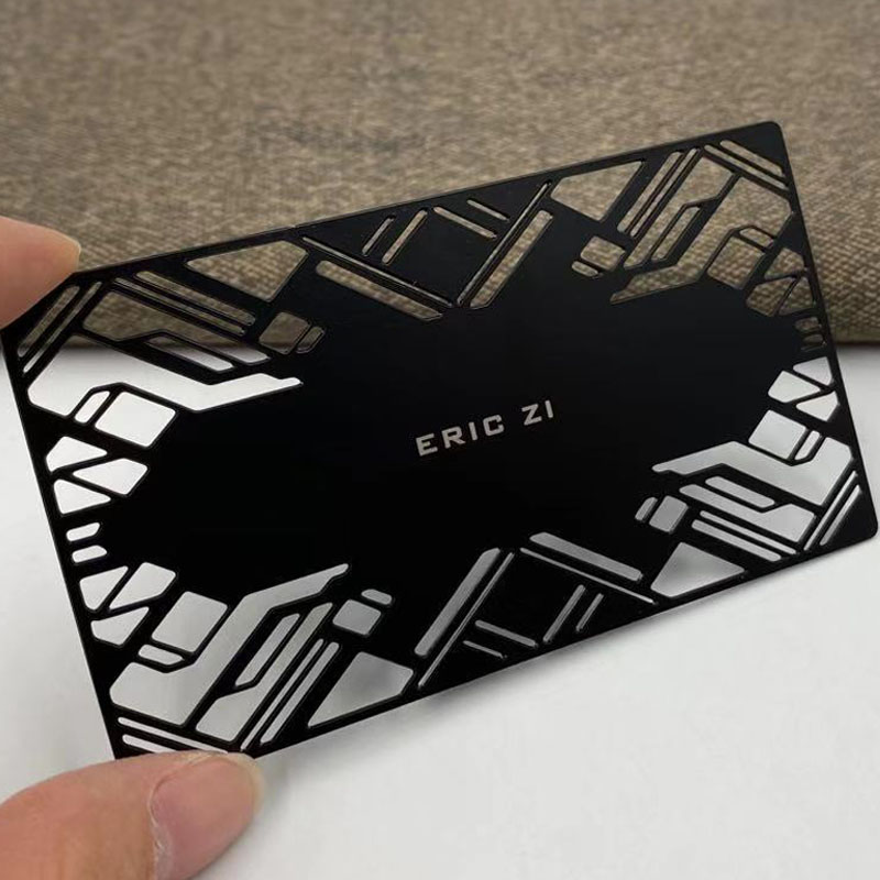 Laser engrave name black metal card with cut out
